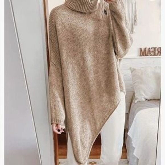 New Turtleneck Asymmetric Hem Oversized Knit Sweater In Light Khaki - Picture 2 of 4